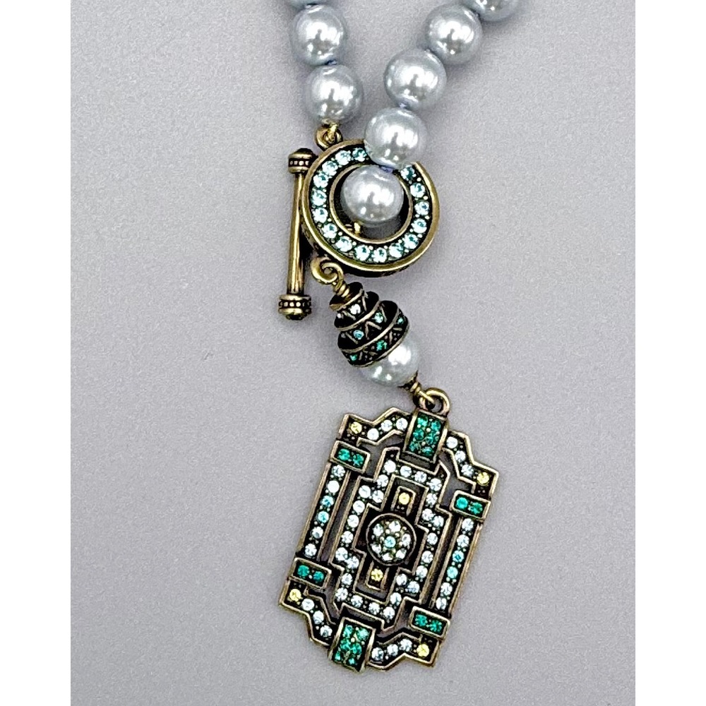 Heidi Daus Art Deco Gray Pearl Teal Crystal Pendant Statement Necklace